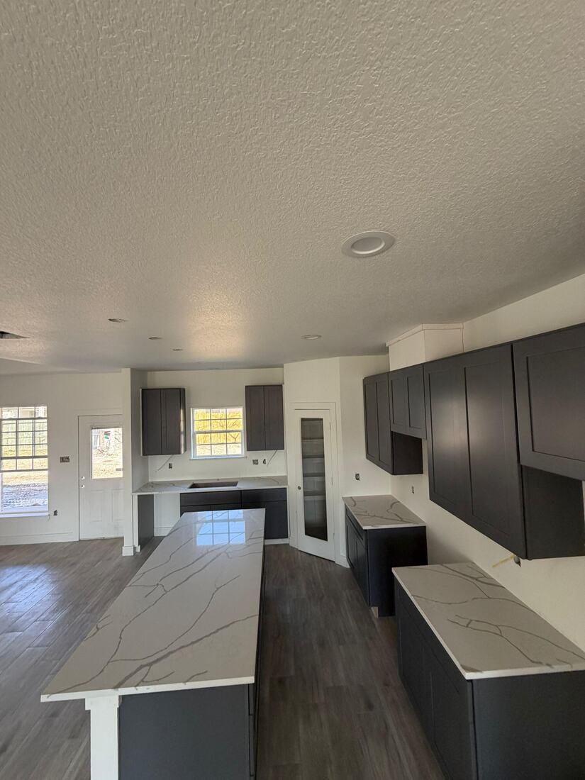 New-construction kitchen with a veined quartz island and dark cabinets